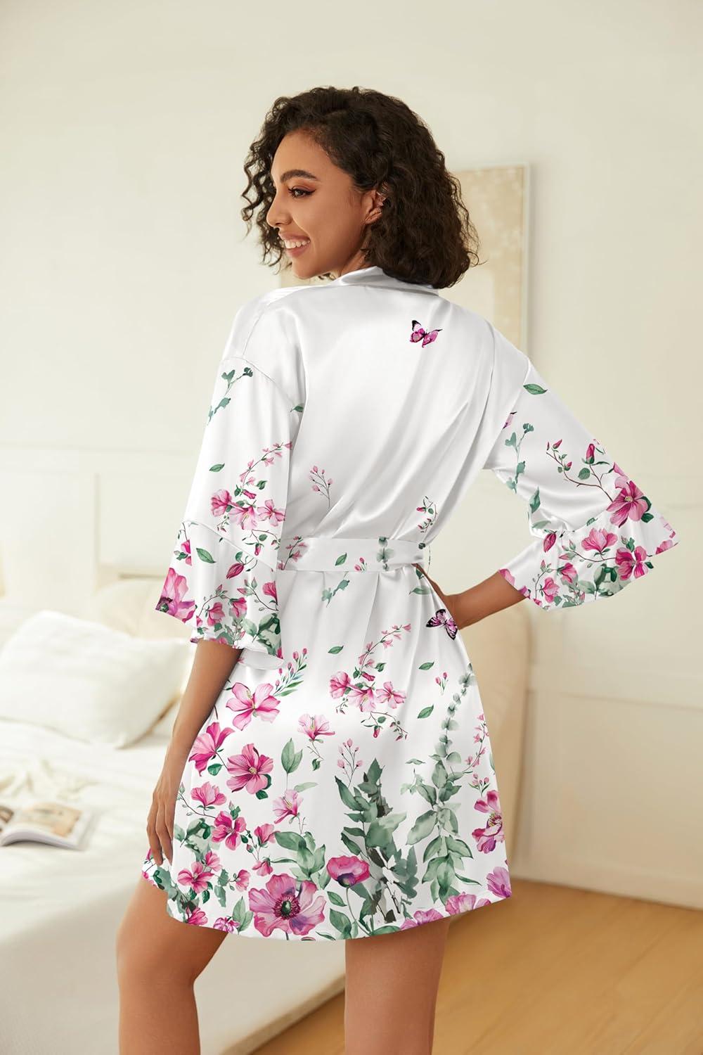 imageEkouaer Womens Silk Robe Set Vneck 2 Piece Bridal Party Robes and Satin Bathrobe Set with PocketsWhite Floral