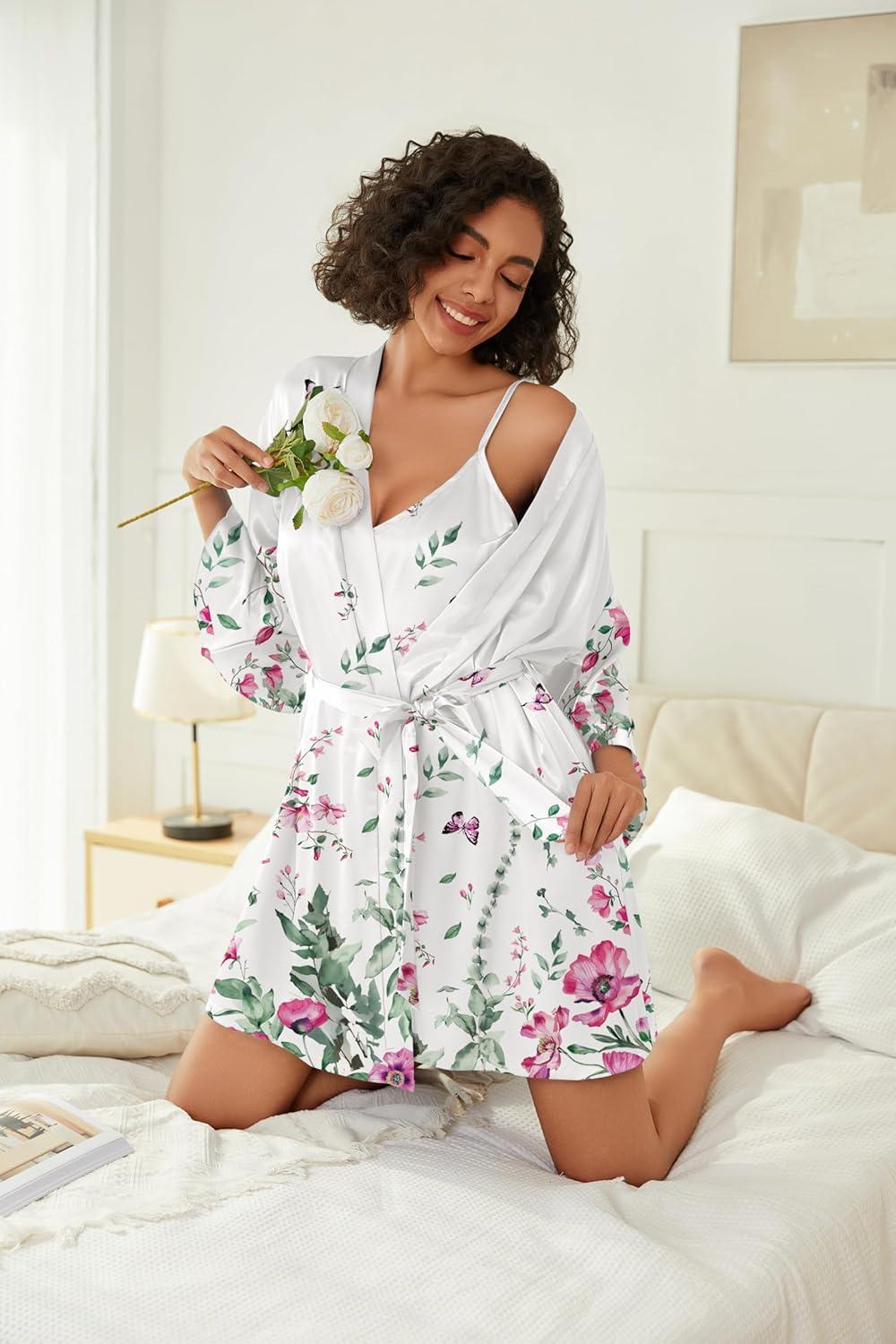 imageEkouaer Womens Silk Robe Set Vneck 2 Piece Bridal Party Robes and Satin Bathrobe Set with PocketsWhite Floral