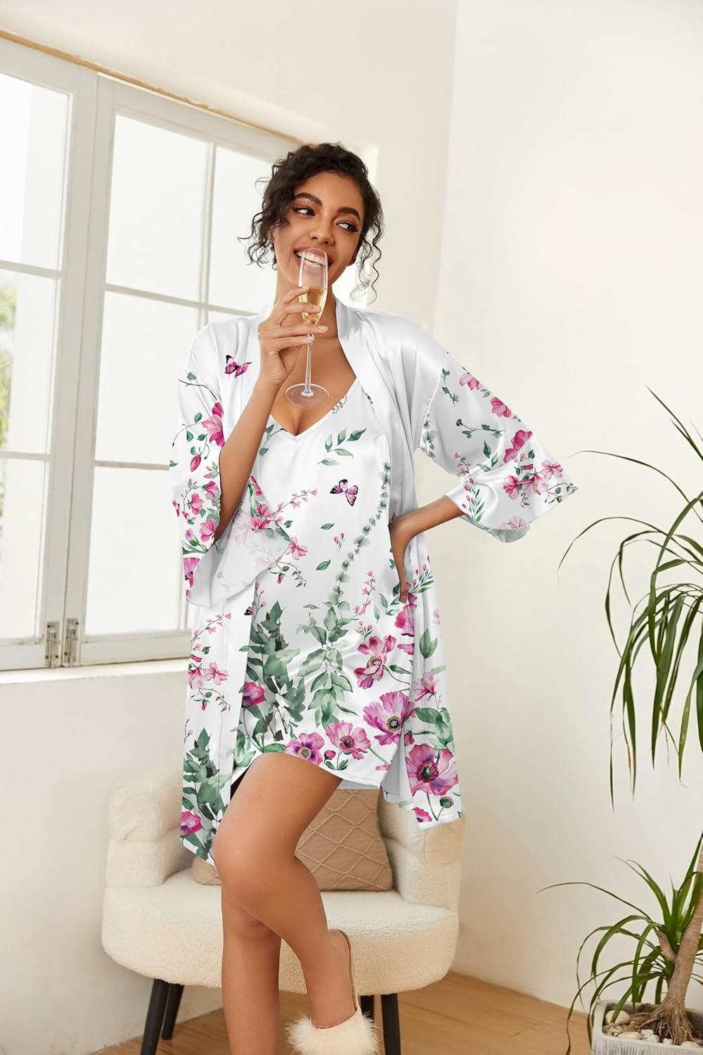 imageEkouaer Womens Silk Robe Set Vneck 2 Piece Bridal Party Robes and Satin Bathrobe Set with PocketsWhite Floral