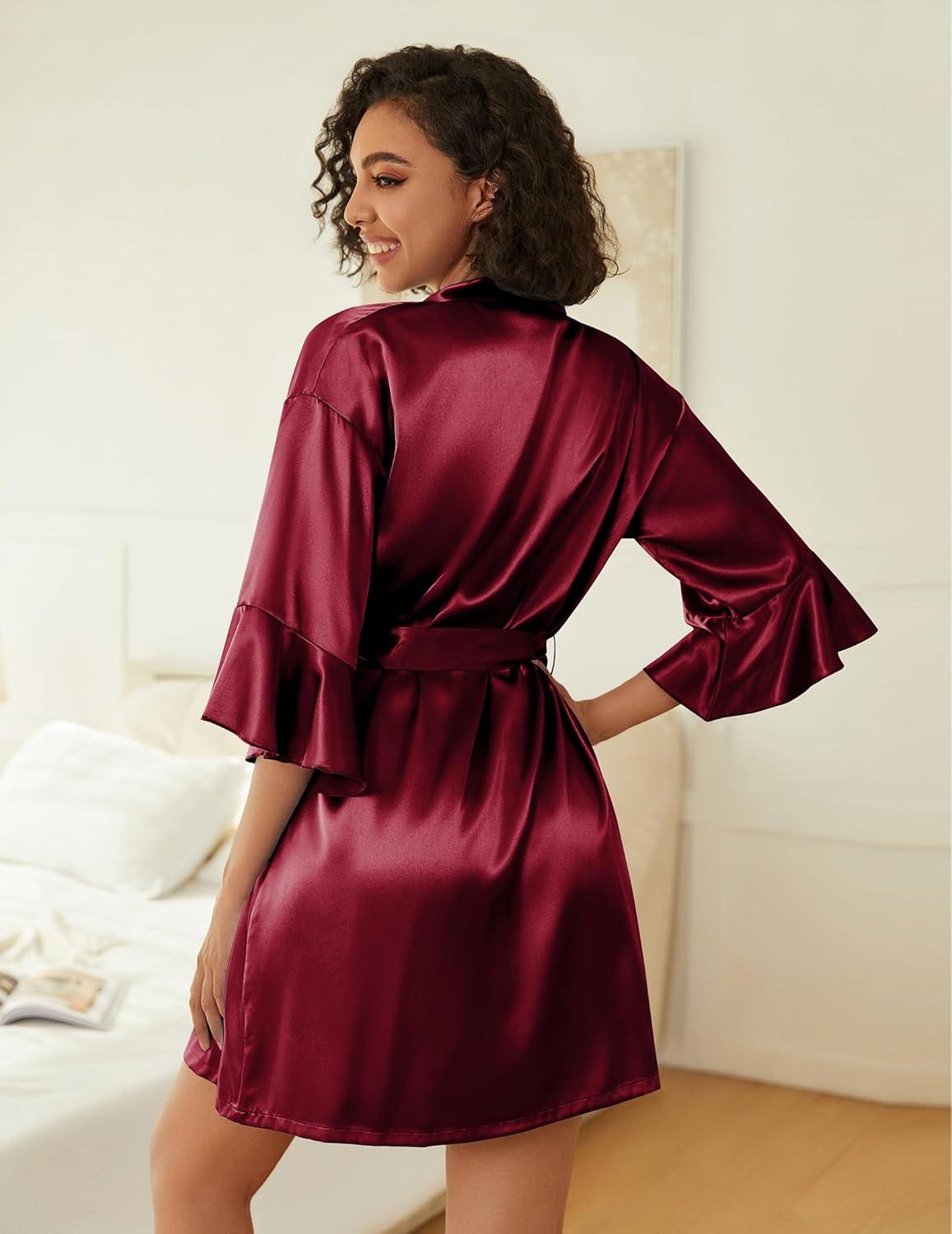 imageEkouaer Womens Silk Robe Set Vneck 2 Piece Bridal Party Robes and Satin Bathrobe Set with PocketsWine Red