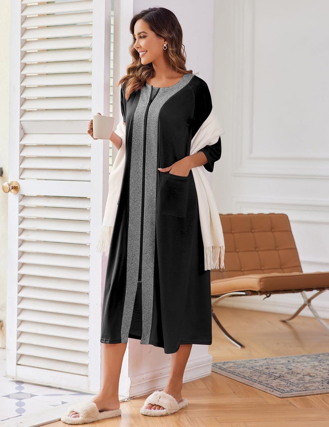 imageEkouaer Womens Zipper Robe 34 Sleeve Housecoats Full Length House Dress Loungewear Long Nightgown with PocketsBlack