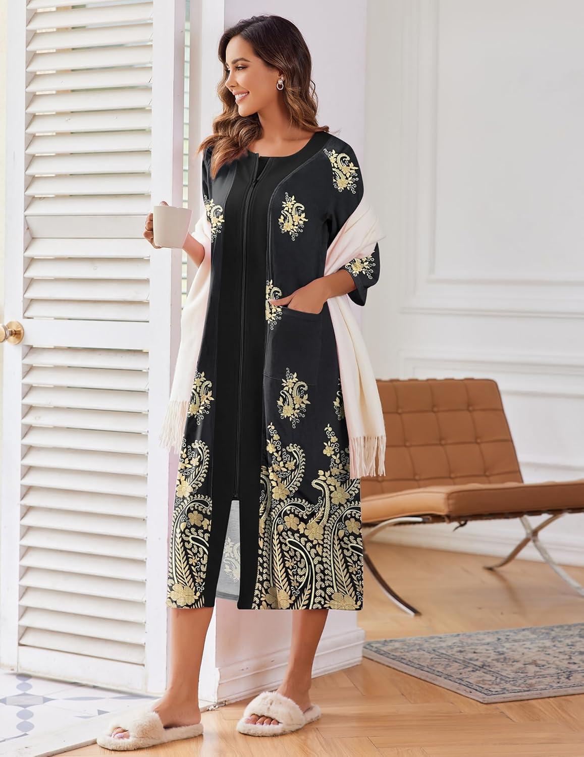 imageEkouaer Womens Zipper Robe 34 Sleeve Housecoats Full Length House Dress Loungewear Long Nightgown with PocketsBlack Cashew Flower