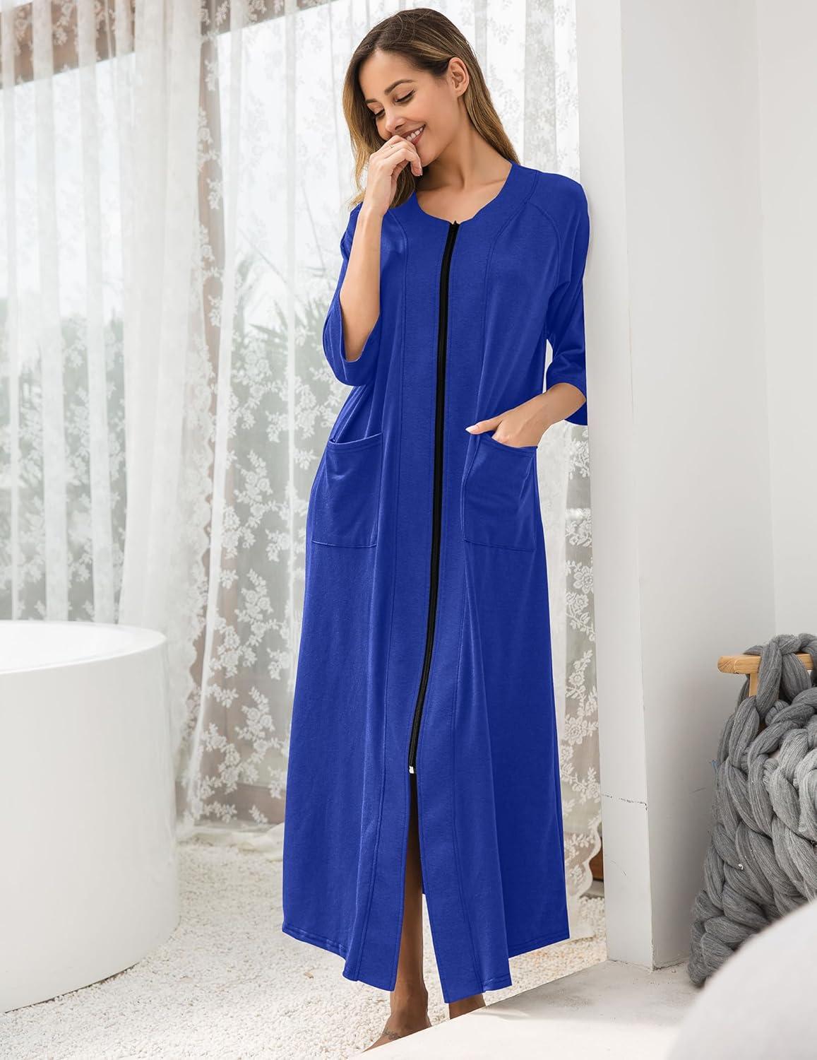 imageEkouaer Womens Zipper Robe 34 Sleeve Housecoats Full Length House Dress Loungewear Long Nightgown with PocketsBlue Sapphire