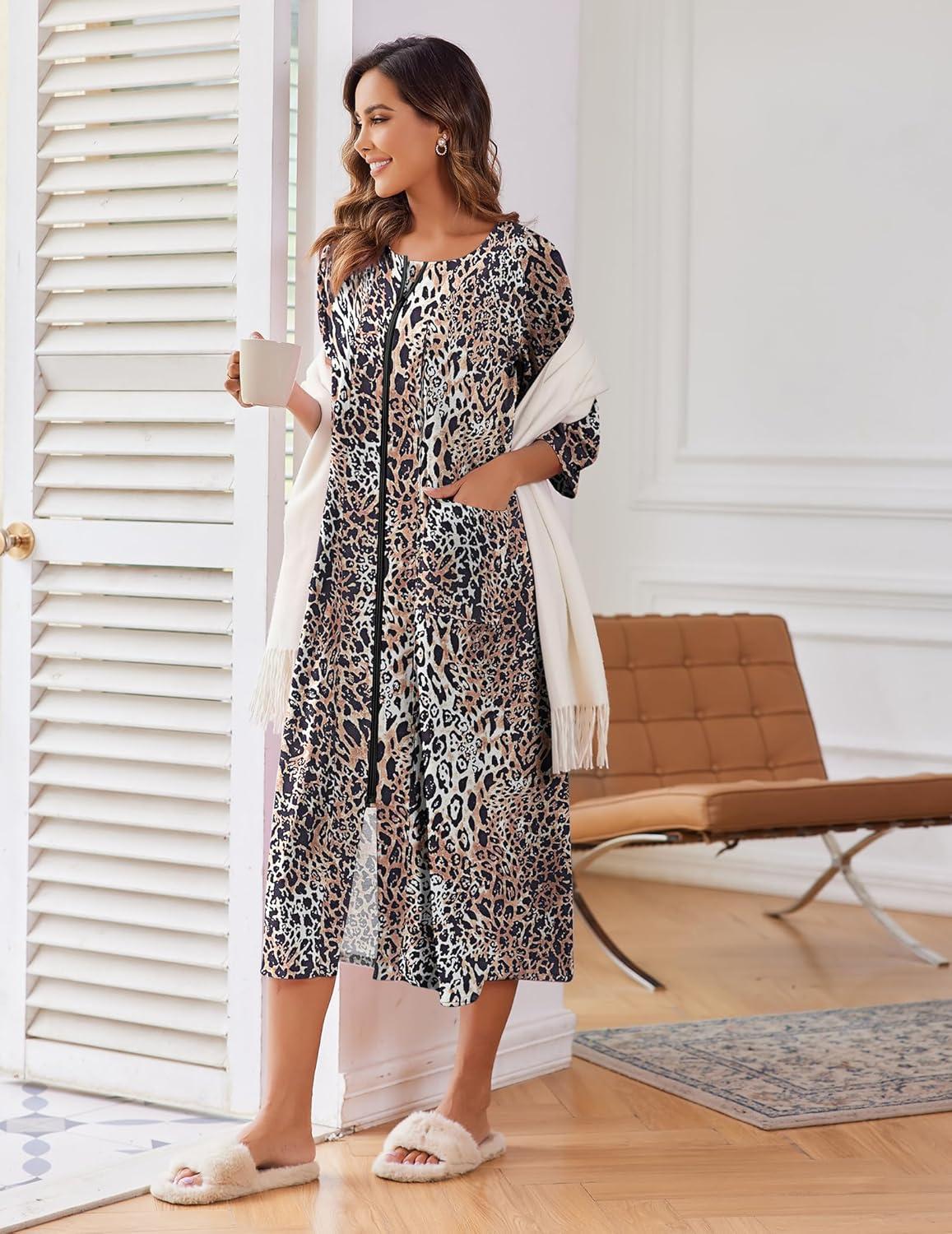 imageEkouaer Womens Zipper Robe 34 Sleeve Housecoats Full Length House Dress Loungewear Long Nightgown with PocketsLeopard