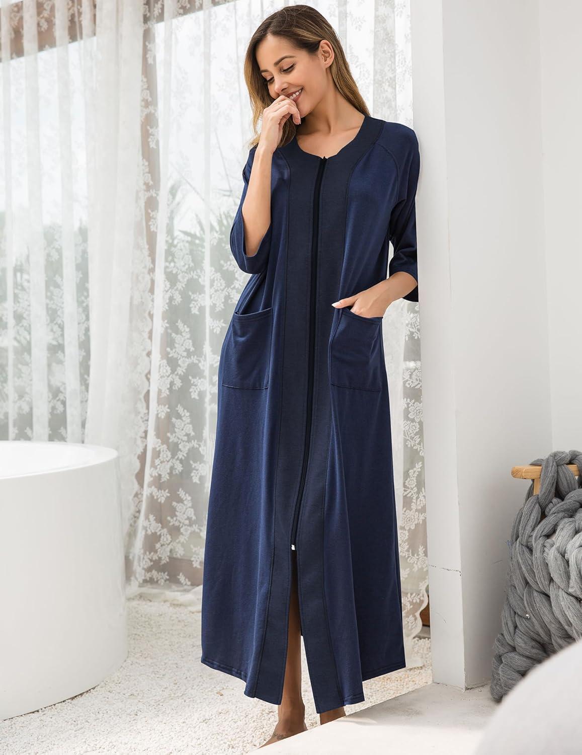 imageEkouaer Womens Zipper Robe 34 Sleeve Housecoats Full Length House Dress Loungewear Long Nightgown with PocketsNavy Blue