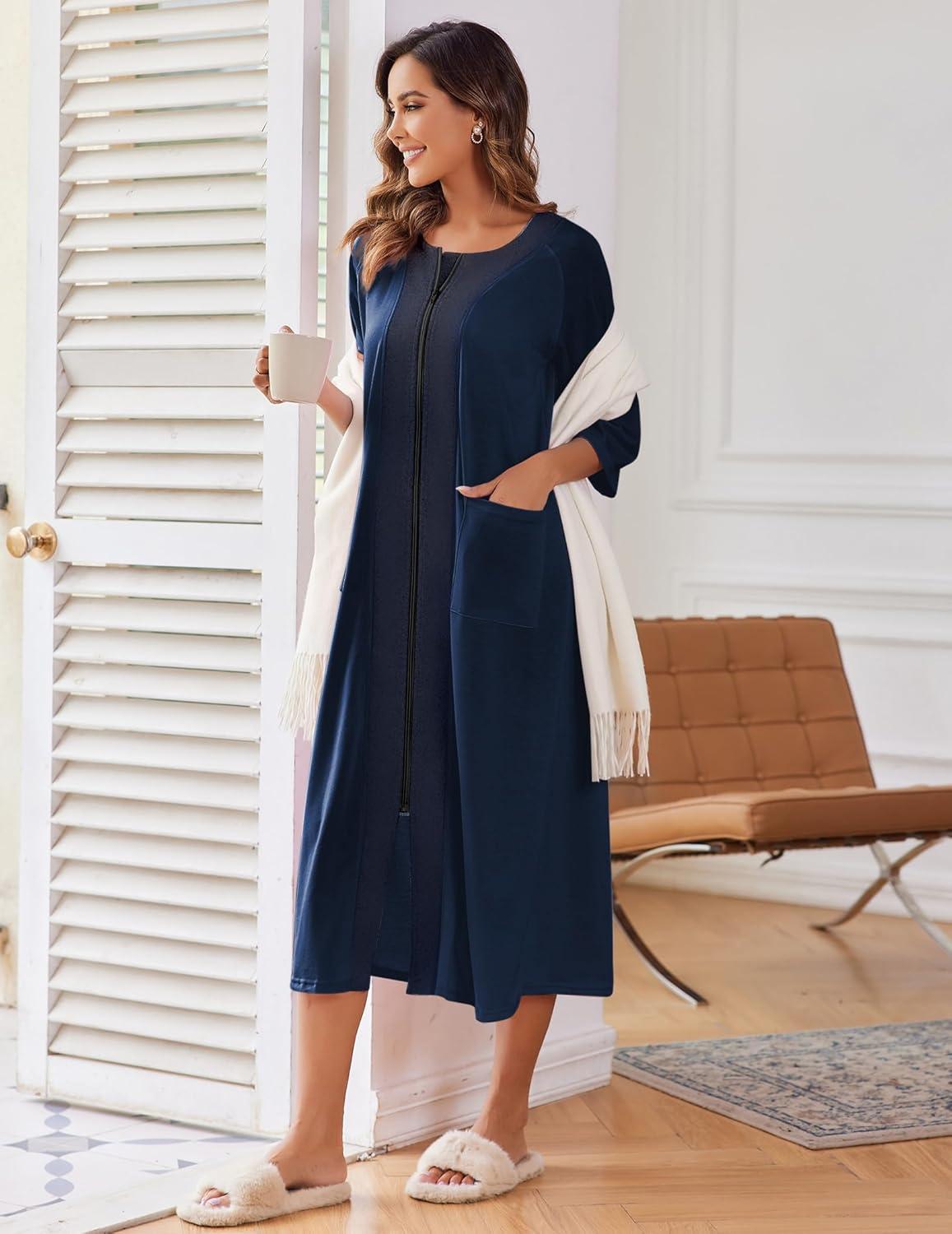 imageEkouaer Womens Zipper Robe 34 Sleeve Housecoats Full Length House Dress Loungewear Long Nightgown with PocketsNavy Blue