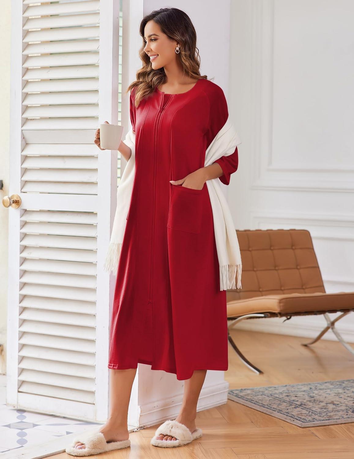 imageEkouaer Womens Zipper Robe 34 Sleeve Housecoats Full Length House Dress Loungewear Long Nightgown with PocketsRed