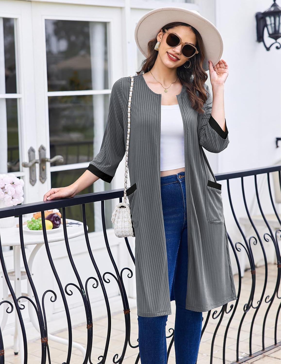 imageEkouaer Womens Zipper Robe 34 Sleeve Ribbed Knit Short Bathrobe Lightweight Knee Length Housecoat with Pockets S3XL