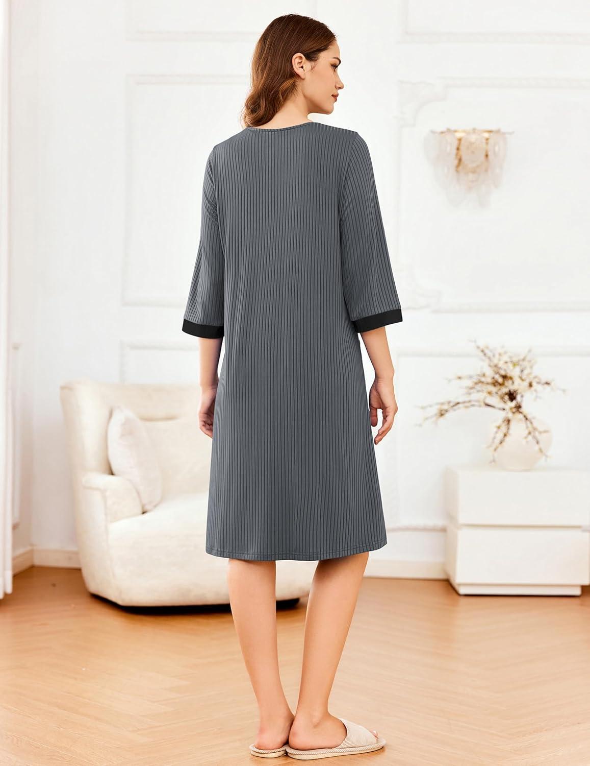 imageEkouaer Womens Zipper Robe 34 Sleeve Ribbed Knit Short Bathrobe Lightweight Knee Length Housecoat with Pockets S3XL