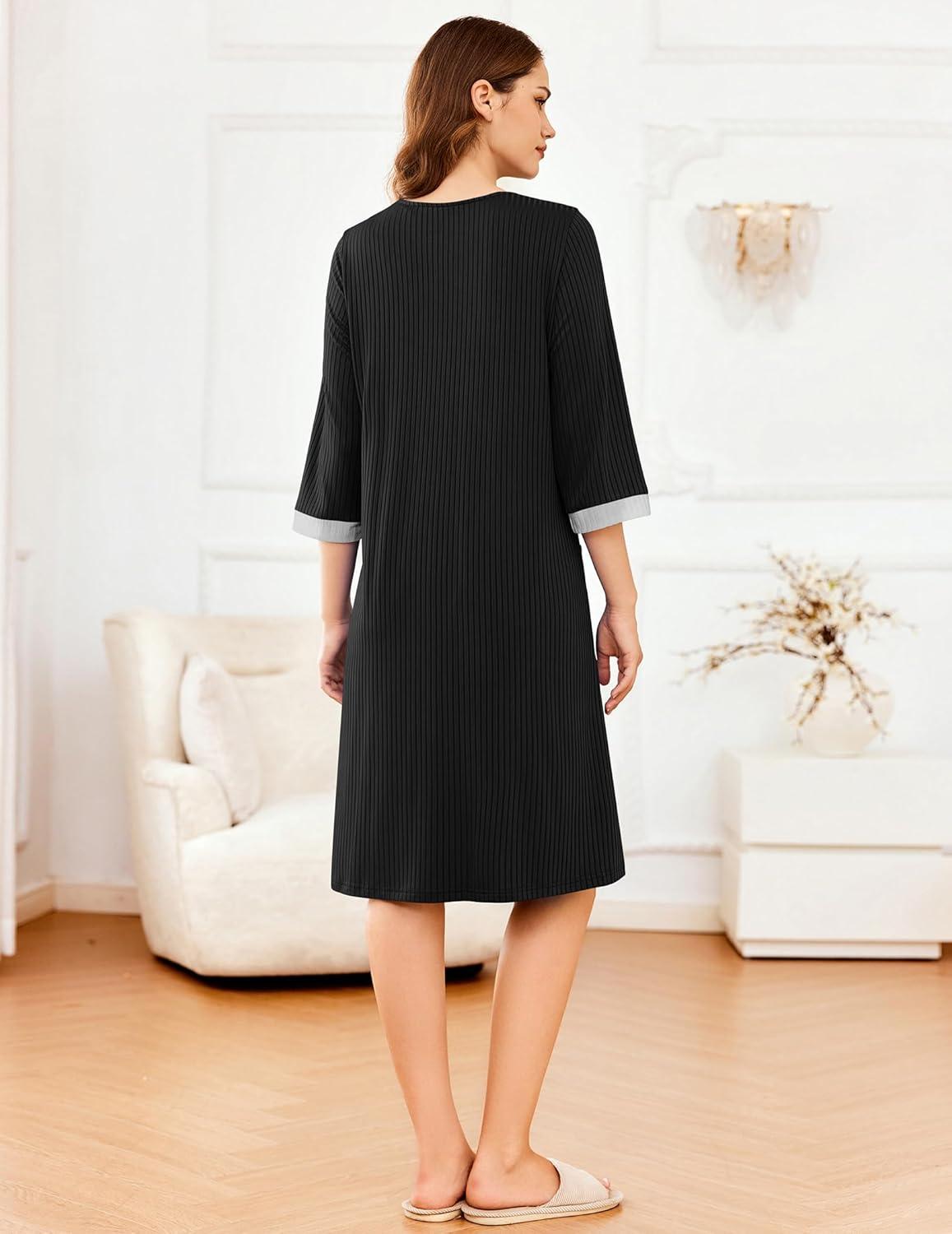 imageEkouaer Womens Zipper Robe 34 Sleeve Ribbed Knit Short Housecoat Lightweight Knee Length Bathrobe with Pockets S3XLBlack