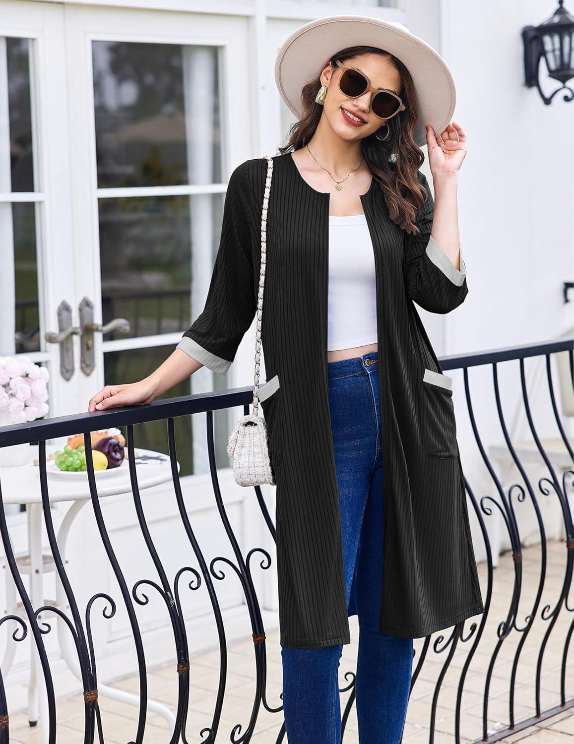imageEkouaer Womens Zipper Robe 34 Sleeve Ribbed Knit Short Housecoat Lightweight Knee Length Bathrobe with Pockets S3XLBlack