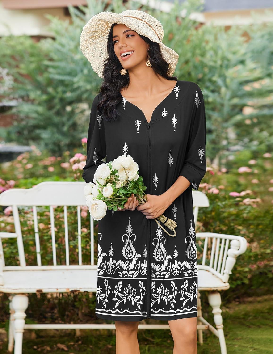 imageEkouaer Zipper Robes for Women 34 Sleeves Housecoat Soft Nightgowns Sleepwear Mumu House Dresses with Pockets S3XLBlack Ethnic Print