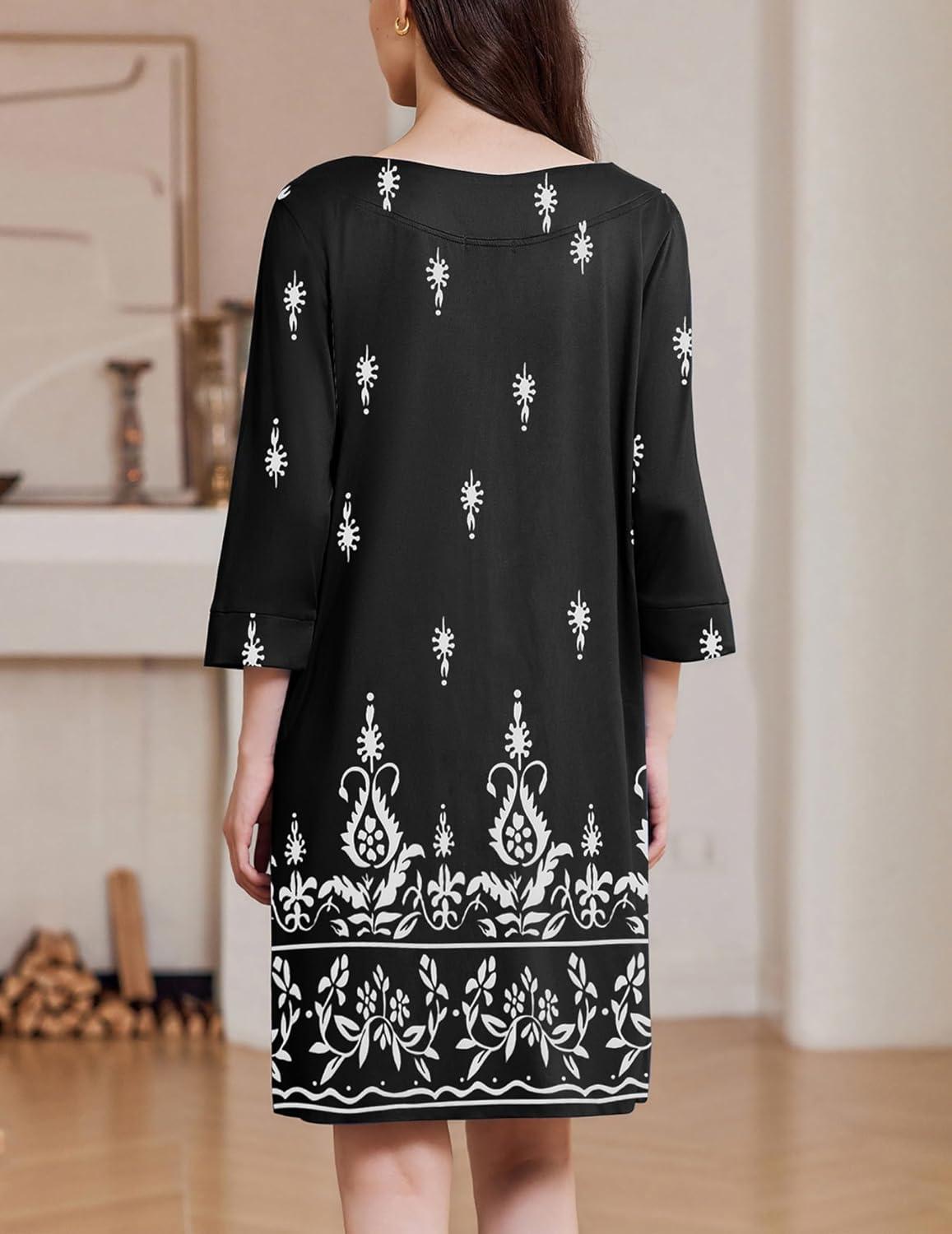 imageEkouaer Zipper Robes for Women 34 Sleeves Housecoat Soft Nightgowns Sleepwear Mumu House Dresses with Pockets S3XLBlack Ethnic Print