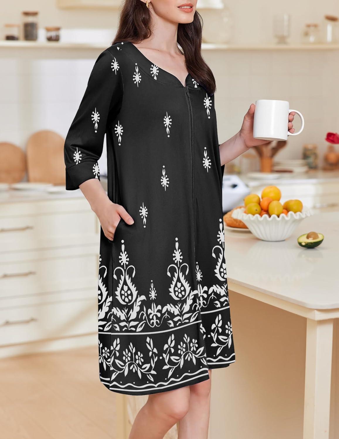 imageEkouaer Zipper Robes for Women 34 Sleeves Housecoat Soft Nightgowns Sleepwear Mumu House Dresses with Pockets S3XLBlack Ethnic Print