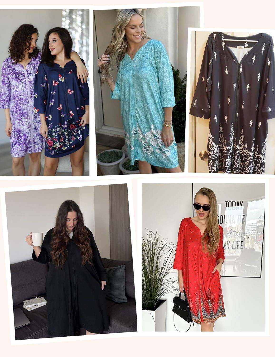 imageEkouaer Zipper Robes for Women 34 Sleeves Housecoat Soft Nightgowns Sleepwear Mumu House Dresses with Pockets S3XLColorful Butterfly