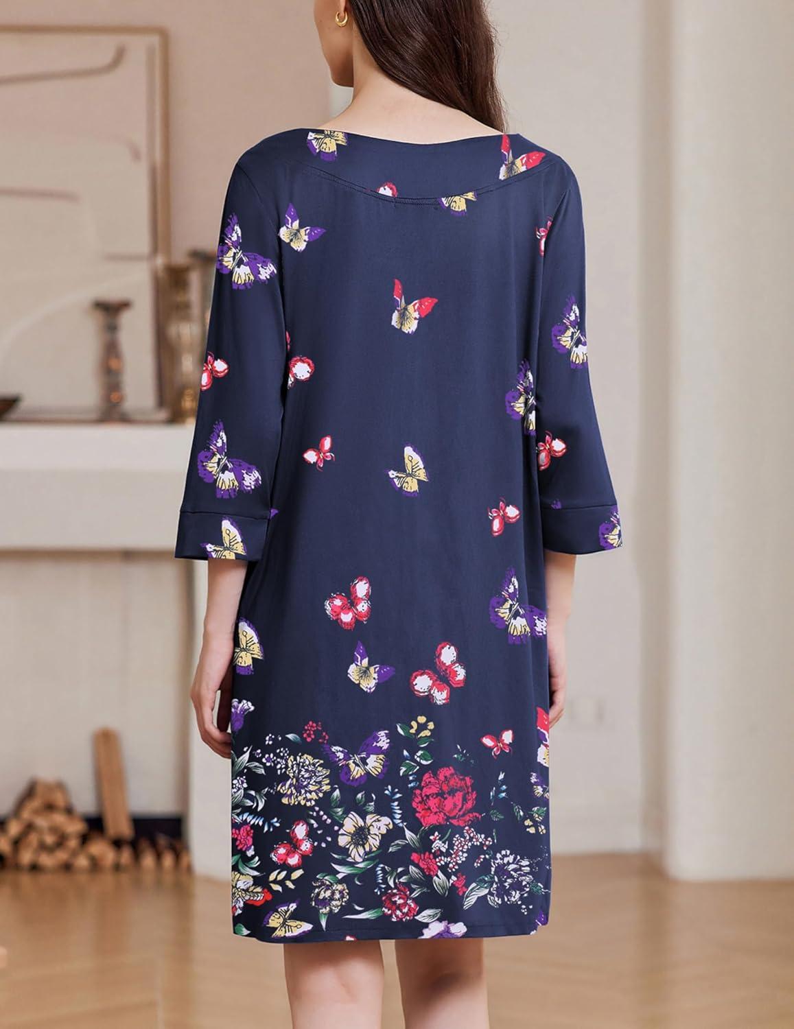 imageEkouaer Zipper Robes for Women 34 Sleeves Housecoat Soft Nightgowns Sleepwear Mumu House Dresses with Pockets S3XLColorful Butterfly