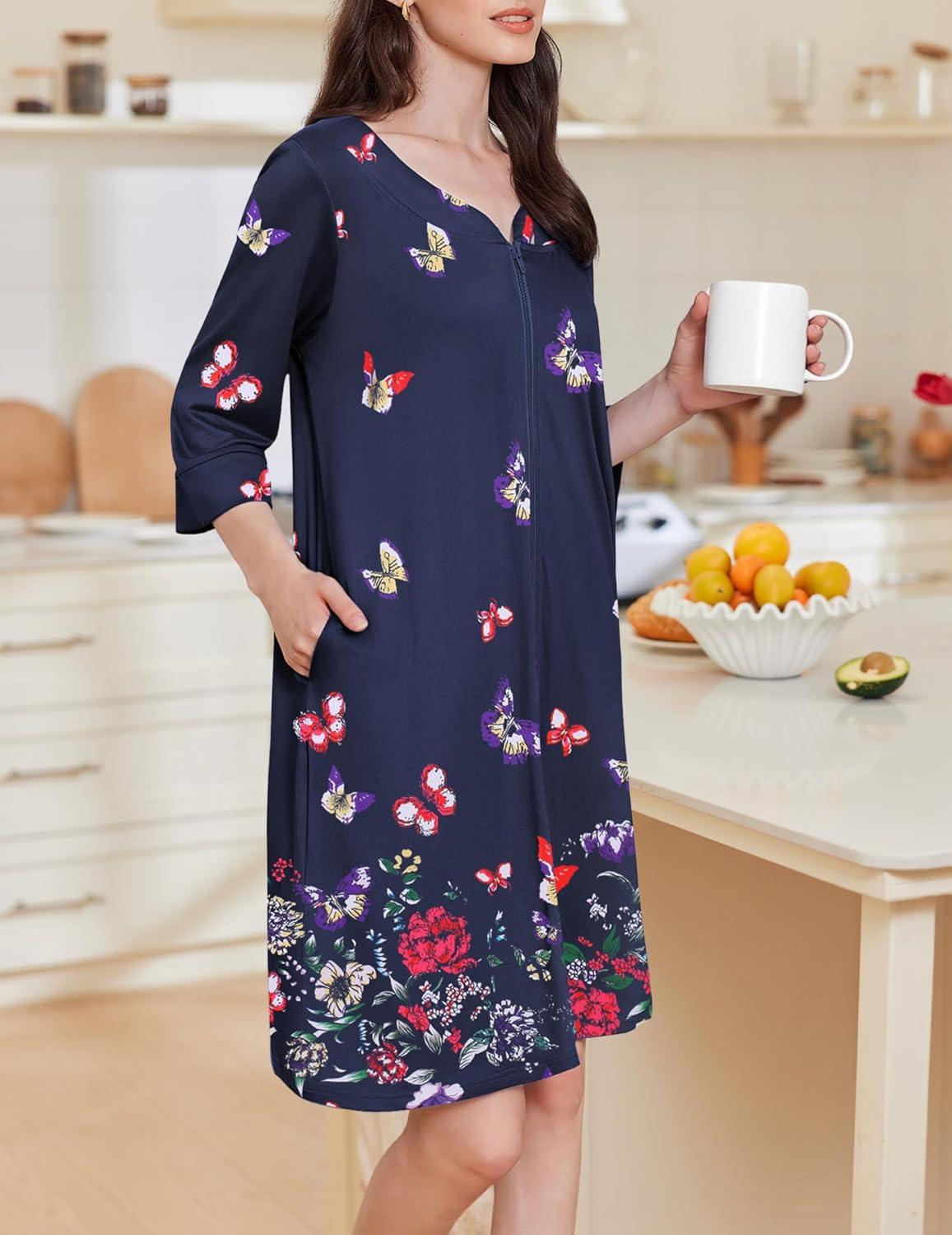 imageEkouaer Zipper Robes for Women 34 Sleeves Housecoat Soft Nightgowns Sleepwear Mumu House Dresses with Pockets S3XLColorful Butterfly