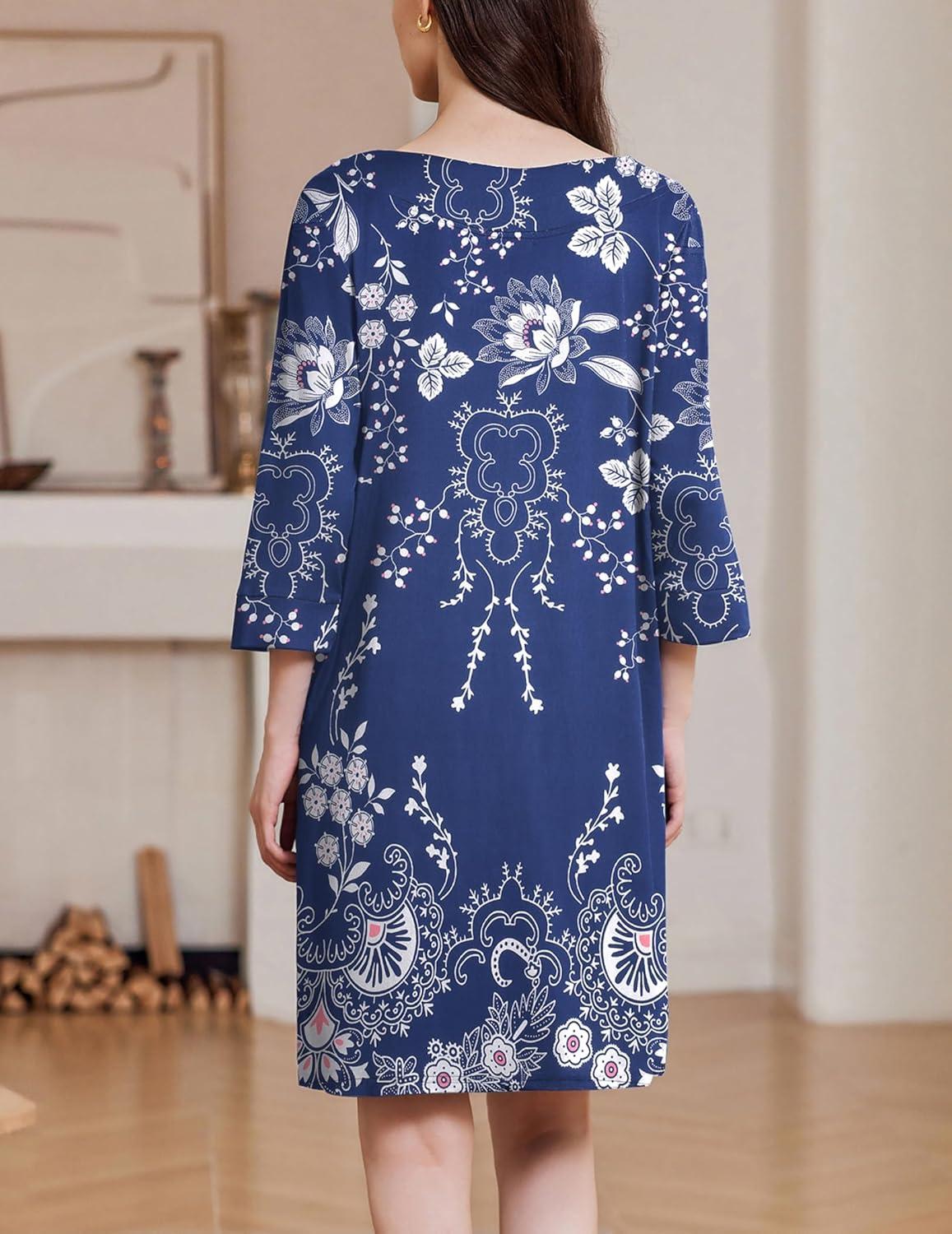 imageEkouaer Zipper Robes for Women 34 Sleeves Housecoat Soft Nightgowns Sleepwear Mumu House Dresses with Pockets S3XLEvening Blue Vines