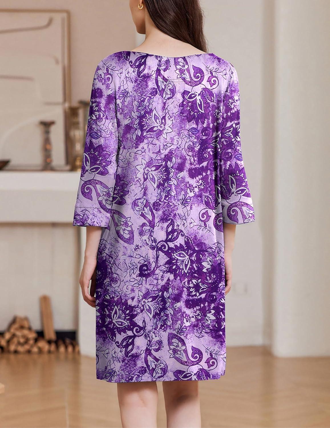 imageEkouaer Zipper Robes for Women 34 Sleeves Housecoat Soft Nightgowns Sleepwear Mumu House Dresses with Pockets S3XLFloral Purple