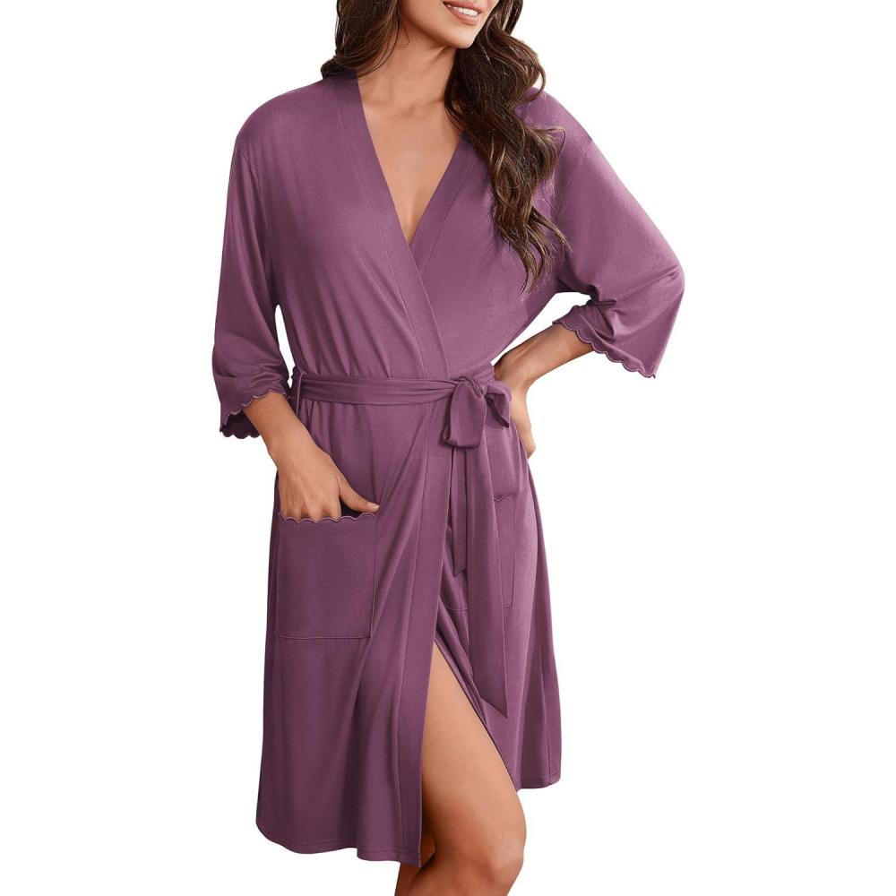 imageEkouaer Robes for Women Knee Length Kimono Bathrobe Lightweight 34 Sleeve Sleepwear Soft Loungewear with Pockets SXXLPurple Red