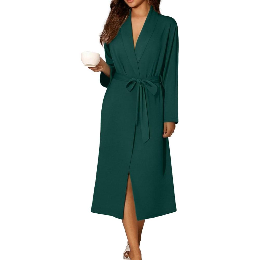 imageEkouaer Robes for Women Long Sleeve Knit Kimono Bathrobe Soft Lightweight Loungewear Ladies Cotton SleepwearGreen