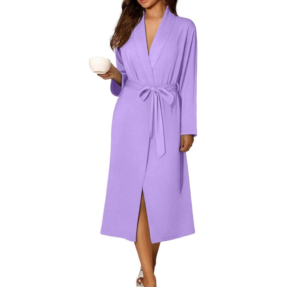 imageEkouaer Robes for Women Long Sleeve Knit Kimono Bathrobe Soft Lightweight Loungewear Ladies Cotton SleepwearLavender