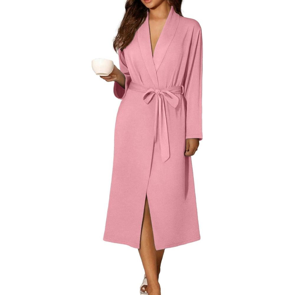 imageEkouaer Robes for Women Long Sleeve Knit Kimono Bathrobe Soft Lightweight Loungewear Ladies Cotton SleepwearPink