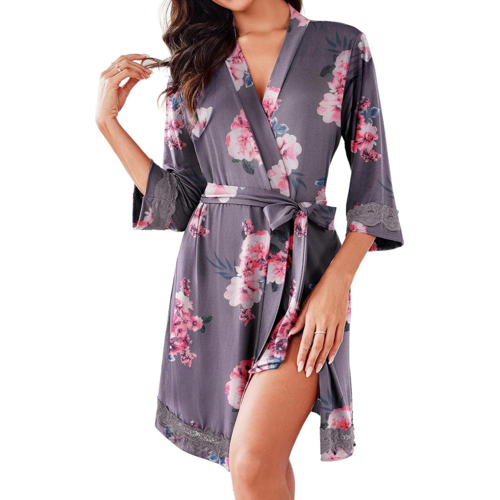 imageEkouaer Robes for Women Short Knit Bathrobe Lightweight Sexy Lace Sleepwear Soft Knee Length LoungewearBlack Flower