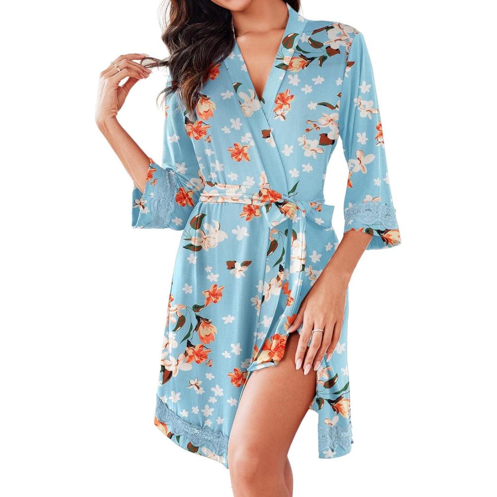 imageEkouaer Robes for Women Short Knit Bathrobe Lightweight Sexy Lace Sleepwear Soft Knee Length LoungewearGreen Flower