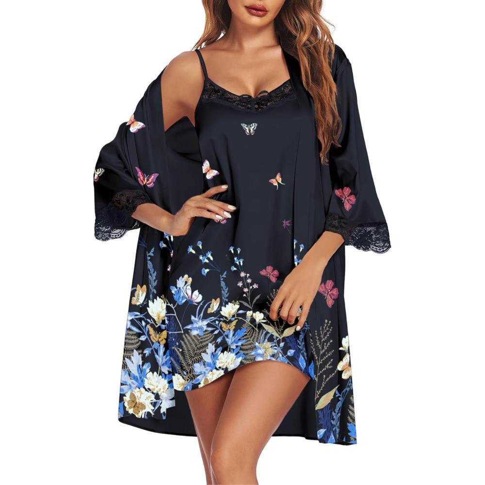 imageEkouaer Sleepwear Womens Satin Nightgown with Robes Set 2 Piece Sexy Lace Cami NightwearBlack Floral