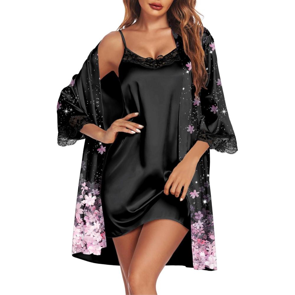 imageEkouaer Sleepwear Womens Satin Nightgown with Robes Set 2 Piece Sexy Lace Cami NightwearBlack Pink Sakura