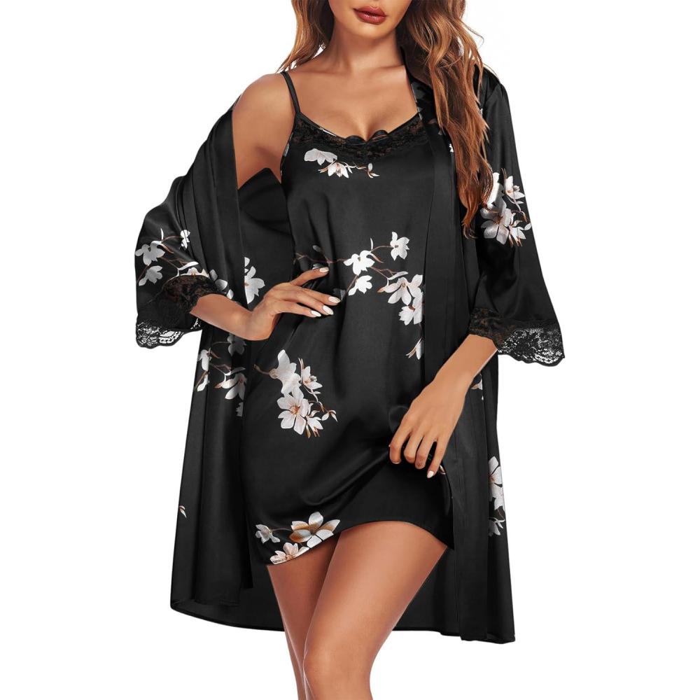 imageEkouaer Sleepwear Womens Satin Nightgown with Robes Set 2 Piece Sexy Lace Cami NightwearFloral Black