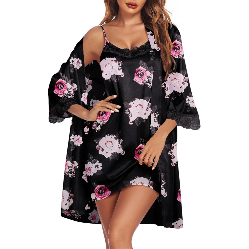 imageEkouaer Sleepwear Womens Satin Nightgown with Robes Set 2 Piece Sexy Lace Cami NightwearFloral White Black