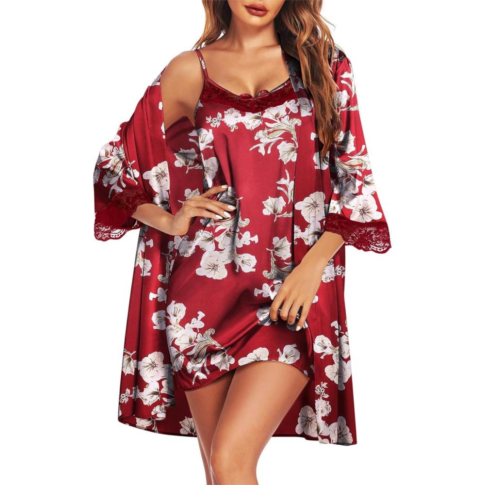 imageEkouaer Sleepwear Womens Satin Nightgown with Robes Set 2 Piece Sexy Lace Cami NightwearFloral Wine Red