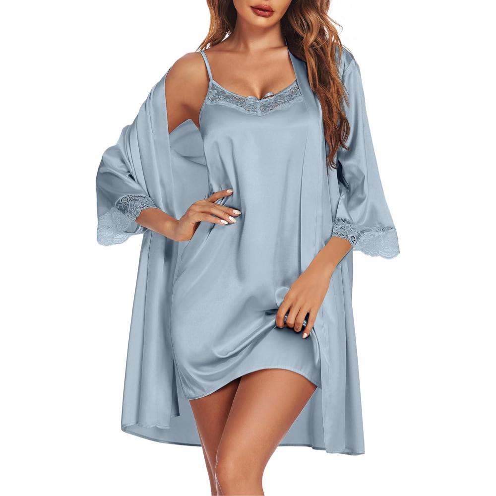 imageEkouaer Sleepwear Womens Satin Nightgown with Robes Set 2 Piece Sexy Lace Cami NightwearLight Blue