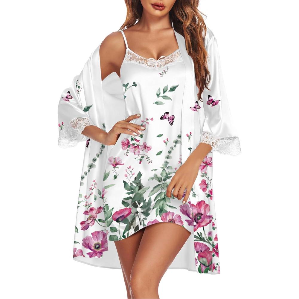 imageEkouaer Sleepwear Womens Satin Nightgown with Robes Set 2 Piece Sexy Lace Cami NightwearWhite Floral