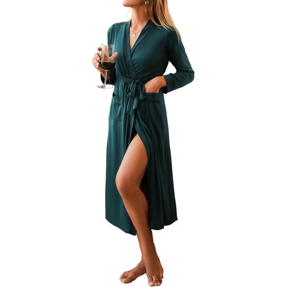 imageEkouaer Women Kimono Robes Full Length Knit Bathrobe Lightweight Soft Sleepwear Vneck Casual Ladies Loungewear SXXLDeep Green