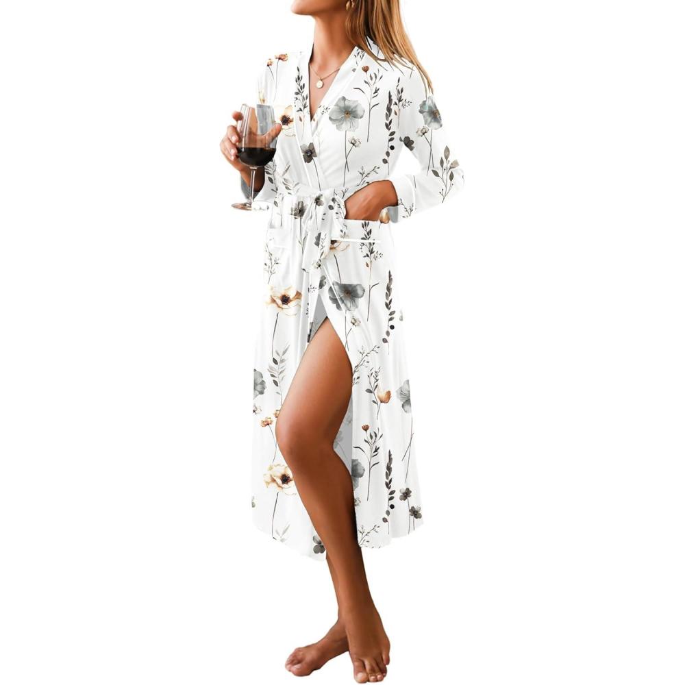 imageEkouaer Women Kimono Robes Full Length Knit Bathrobe Lightweight Soft Sleepwear Vneck Casual Ladies Loungewear SXXLFloral White 2