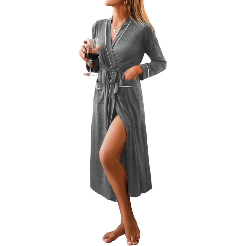 imageEkouaer Women Kimono Robes Full Length Knit Bathrobe Lightweight Soft Sleepwear Vneck Casual Ladies Loungewear SXXLMedium Gray