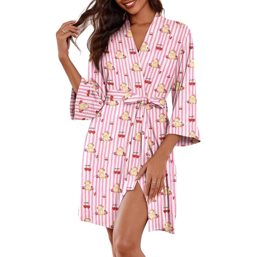 imageEkouaer Women Kimono Robes Knee Length Knit Bathrobe Lightweight Soft Sleepwear Vneck Casual Ladies LoungewearPink Striped Teddy Bear