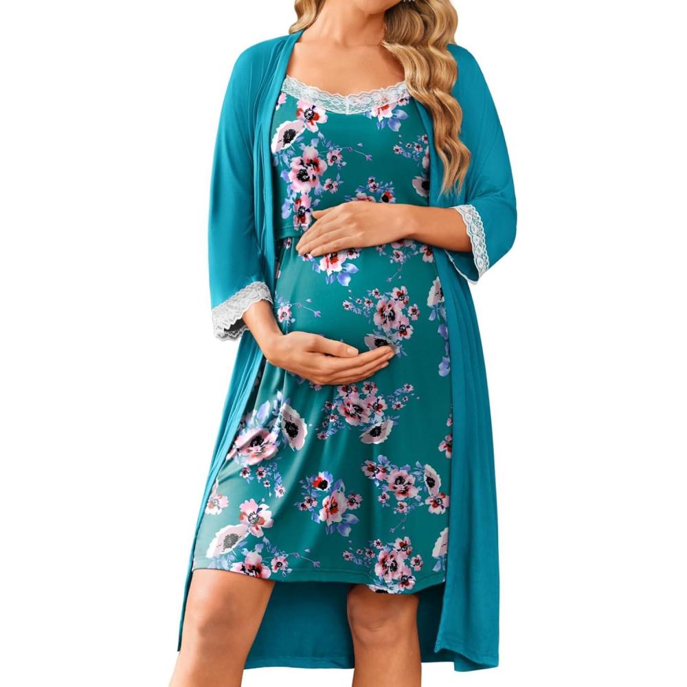 imageEkouaer Women Lace Maternity Nursing Gown and 34 Sleeve Robe Set Double Layer Breastfeeding Nightgown Slip Dress amp BathrobeBlue Green Floral