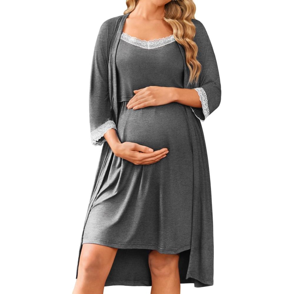 imageEkouaer Women Lace Maternity Nursing Gown and 34 Sleeve Robe Set Double Layer Breastfeeding Nightgown Slip Dress amp BathrobeDark Grey