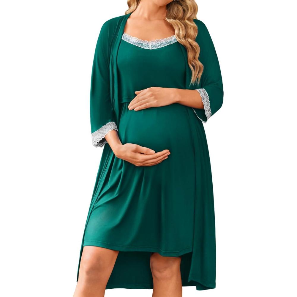 imageEkouaer Women Lace Maternity Nursing Gown and 34 Sleeve Robe Set Double Layer Breastfeeding Nightgown Slip Dress amp BathrobeLake Green