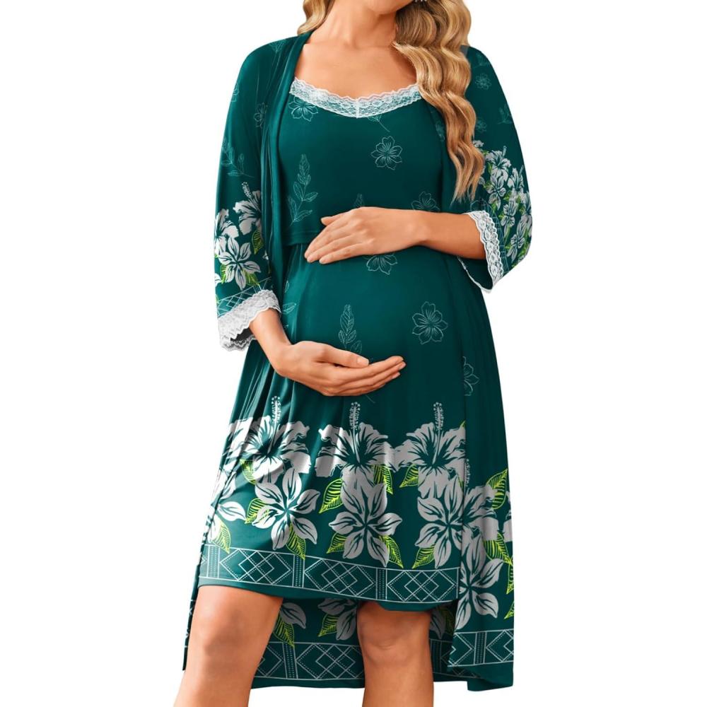 imageEkouaer Women Lace Maternity Nursing Gown and 34 Sleeve Robe Set Double Layer Breastfeeding Nightgown Slip Dress amp BathrobeLake Green Floral