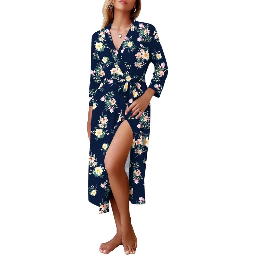 imageEkouaer Women Robes Long Knit Bathrobe Lightweight Soft Kimono Robes Casual Ladies Loungewear with Pockets01navy Blue Floral