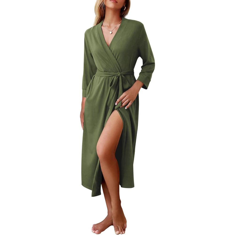 imageEkouaer Women Robes Long Knit Bathrobe Lightweight Soft Kimono Robes Casual Ladies Loungewear with PocketsArmy Green