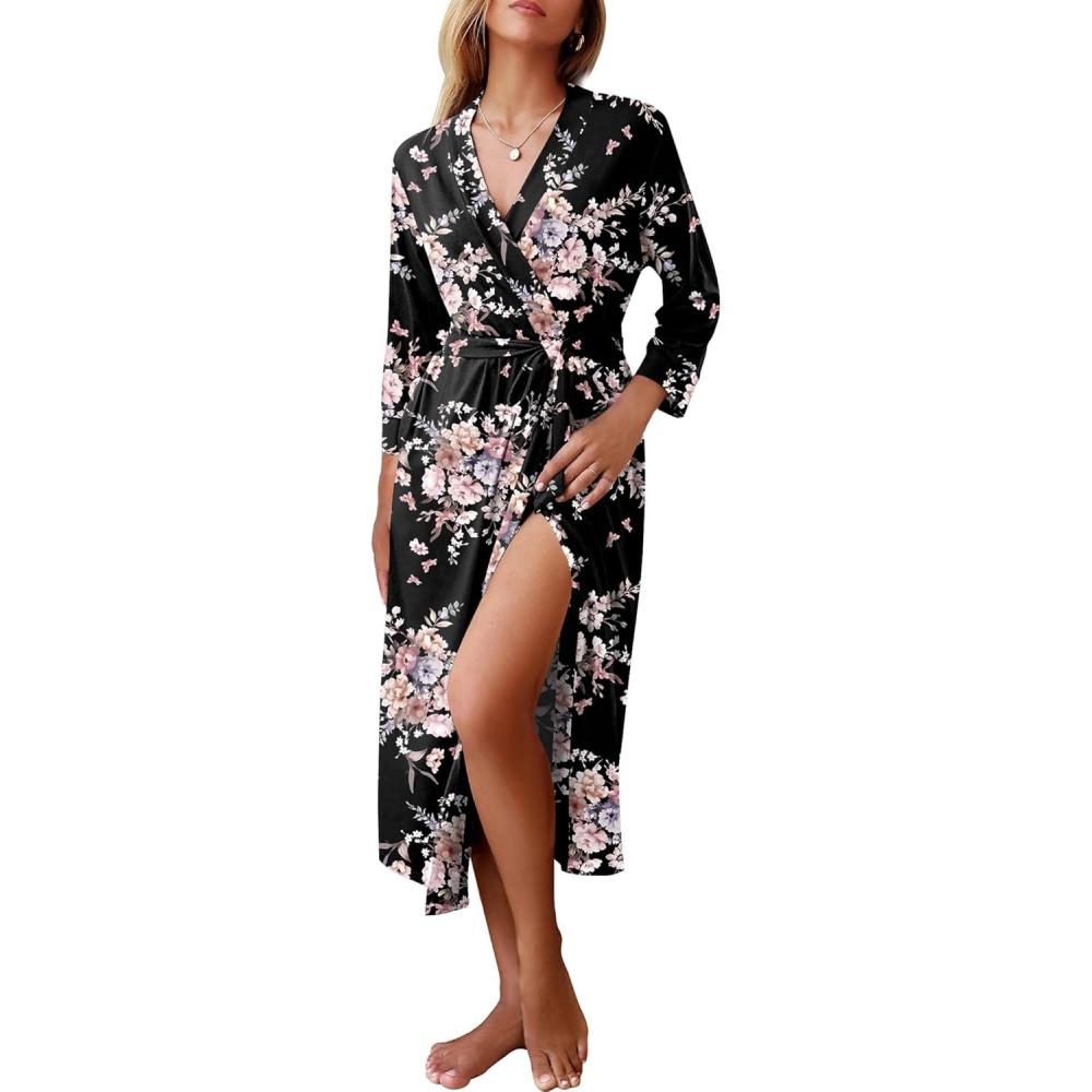 imageEkouaer Women Robes Long Knit Bathrobe Lightweight Soft Kimono Robes Casual Ladies Loungewear with PocketsBlack Floral