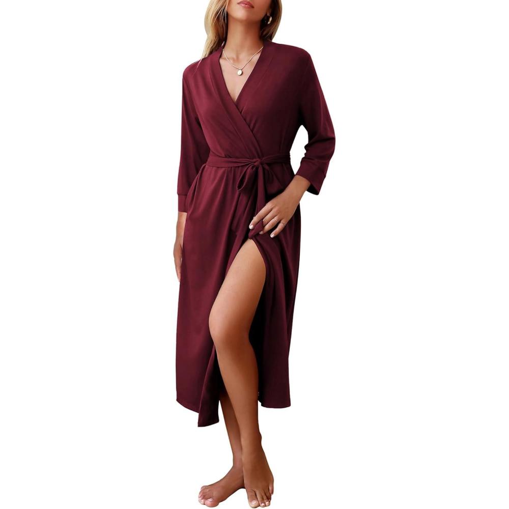 imageEkouaer Women Robes Long Knit Bathrobe Lightweight Soft Kimono Robes Casual Ladies Loungewear with PocketsDark Red