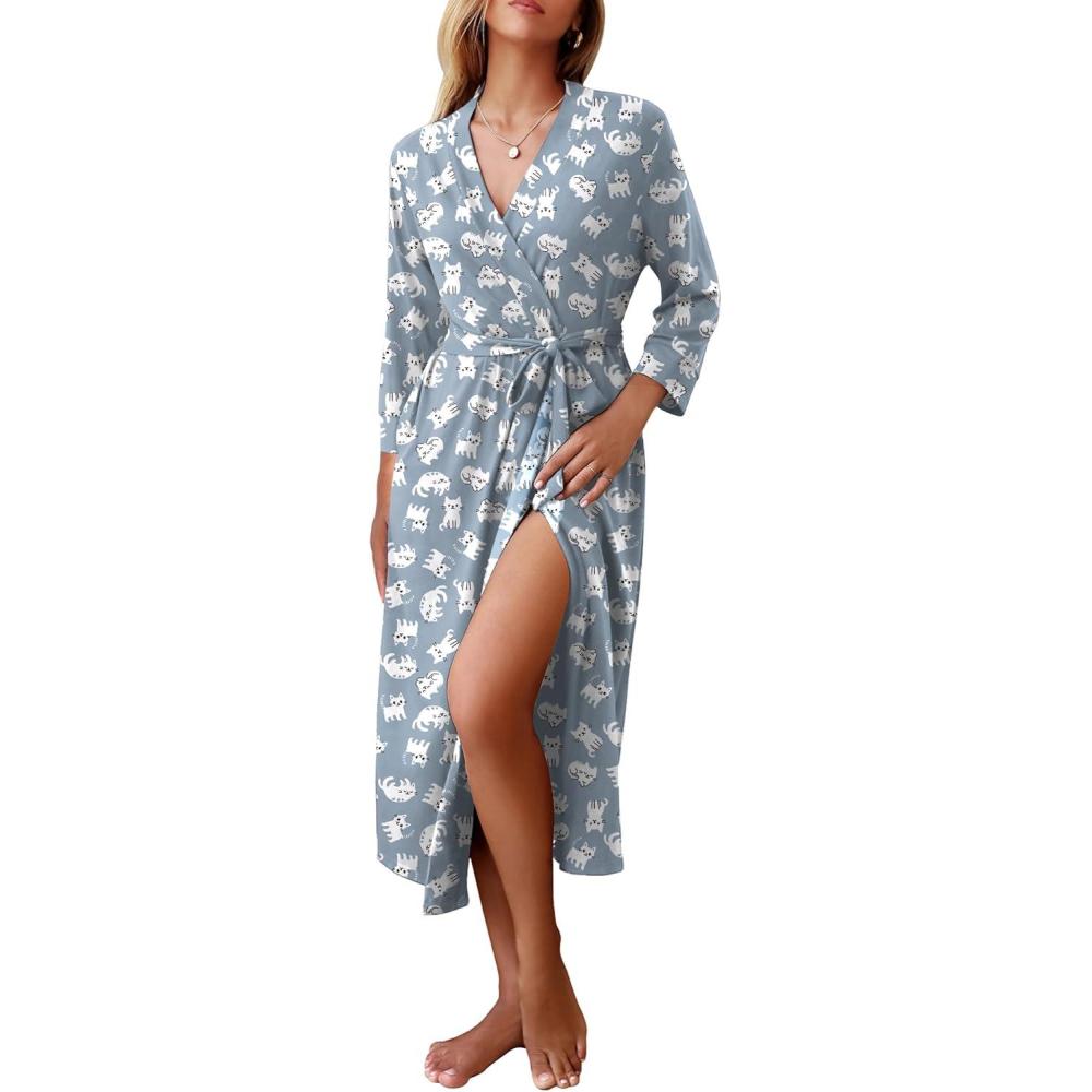 imageEkouaer Women Robes Long Knit Bathrobe Lightweight Soft Kimono Robes Casual Ladies Loungewear with PocketsGrey Cat