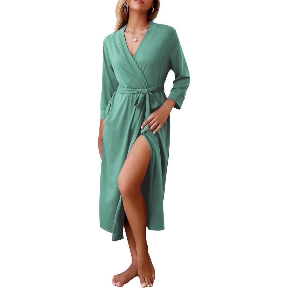 imageEkouaer Women Robes Long Knit Bathrobe Lightweight Soft Kimono Robes Casual Ladies Loungewear with PocketsGrey Green
